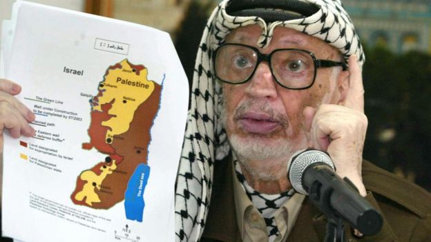 Yasser Arafat with a map of the West Bank (file photo)